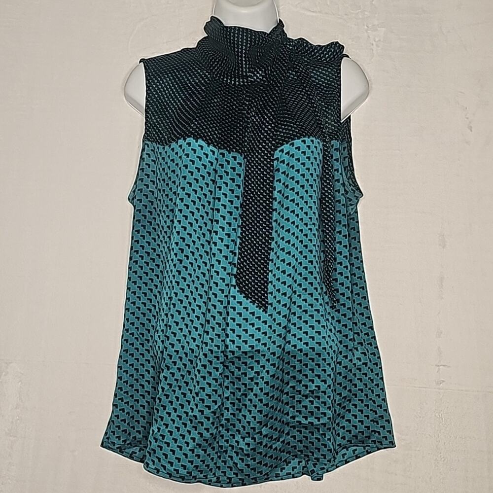 Women's Dual Print Sheer Stretch Sleeveless Blouse with Tie at neck. XL